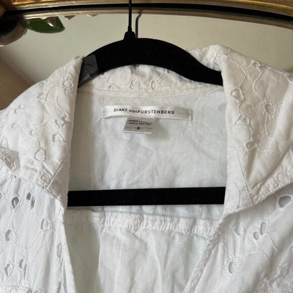 Diane von Furstenberg White Eyelet Wrap Dress 6 Cotton Collared Designer - Picture 8 of 8